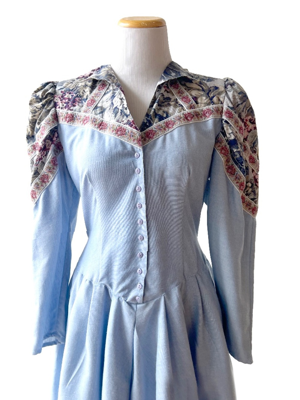 Vintage Western Cottage Core Dress in Chambray and Brocade / Peri Label/ Small S